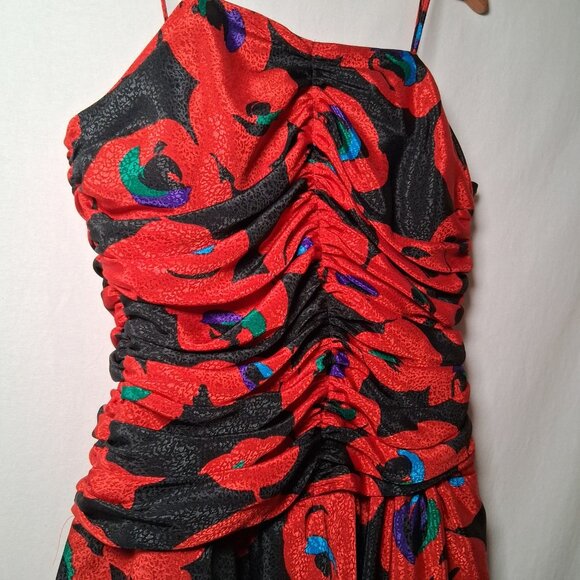 Vintage 1980s Party Dress Apostrophe 13/14 Red Black Floral Satin Sleeveless - Picture 10 of 16